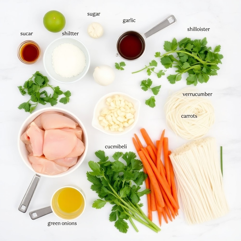 Raw ingredients for Vietnamese chicken salad: chicken, lime, fish sauce, sugar, garlic, shallots, cilantro, mint, green onions, carrots, cucumber, and vermicelli noodles