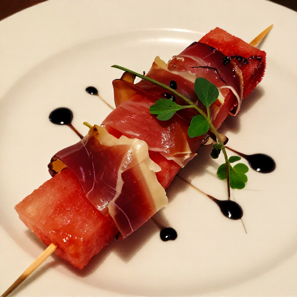 Plated Watermelon Skewers with Prosciutto on a white plate