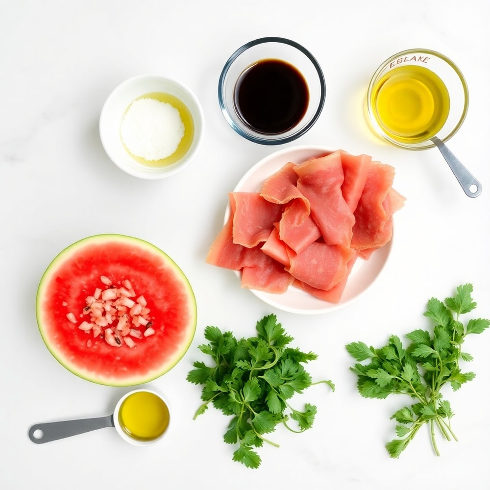 Raw ingredients for Watermelon Skewers with Prosciutto on a marble surface