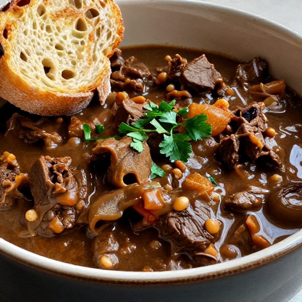 Plated serving of Crock Pot Beef Stew with a side of crusty bread