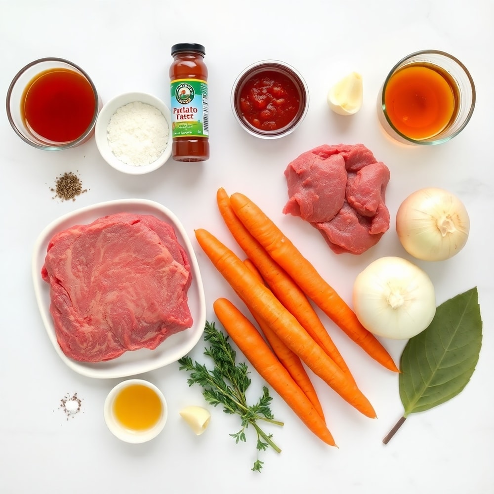 Raw ingredients for Crock Pot Beef Stew: beef, potatoes, carrots, onions, garlic, beef broth, tomato paste, and seasonings