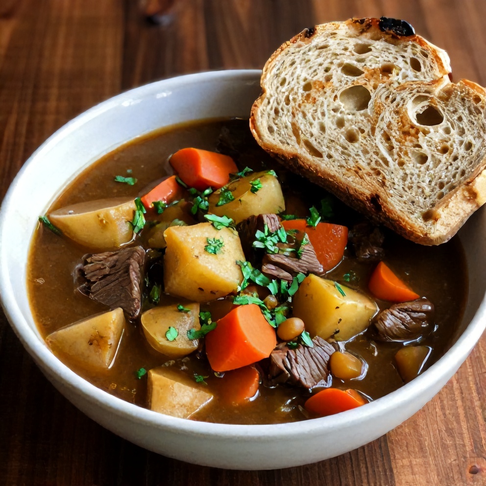 Bowl of Crock Pot Poor Man’s Stew with a side of crusty bread