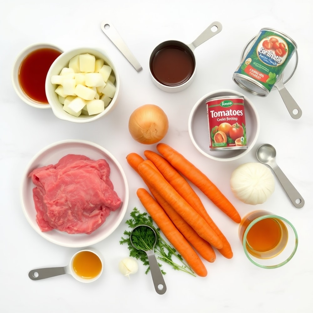 Raw ingredients for Crock Pot Poor Man’s Stew arranged in a flat lay