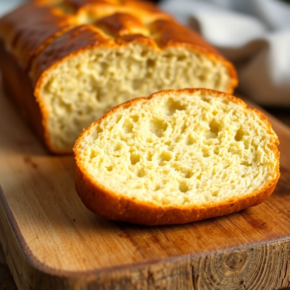 Sliced crockpot bread on a wooden board