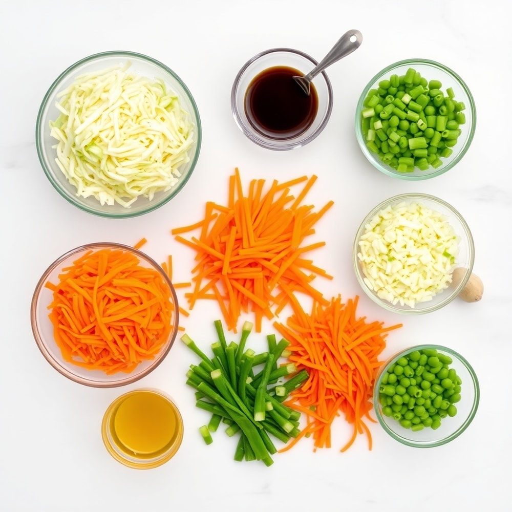 Raw ingredients for Asian Chopped Salad laid out on a wooden surface