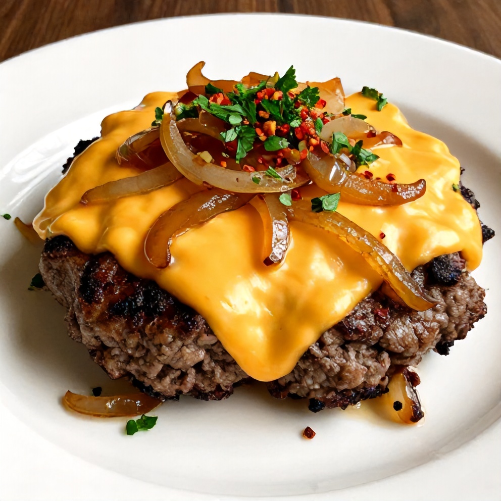 Plated Amish hamburger steak bake with cheddar cheese