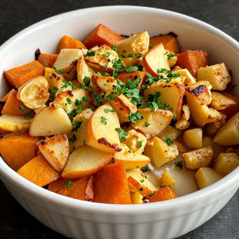 Served Apple Butternut Squash Casserole with a sprinkle of parsley