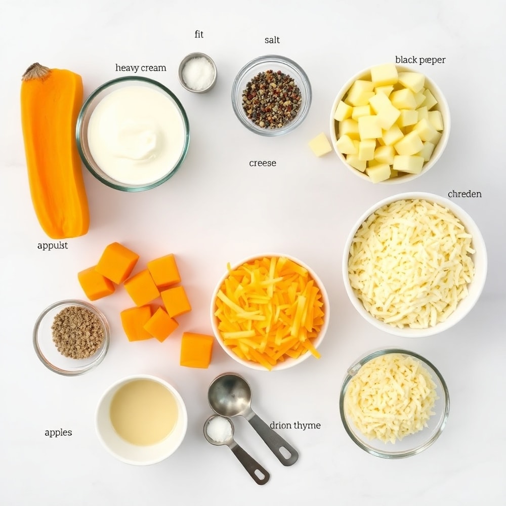 Raw ingredients for Apple Butternut Squash Casserole on a white marble surface
