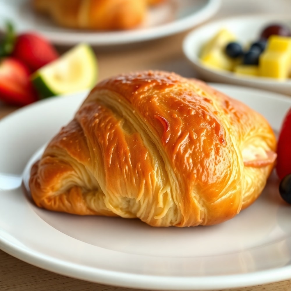 Plated ham and cheese croissant with a side of fresh fruit