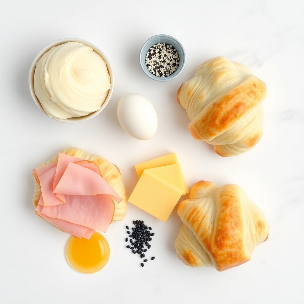 Raw ingredients for ham and cheese croissants on a marble surface