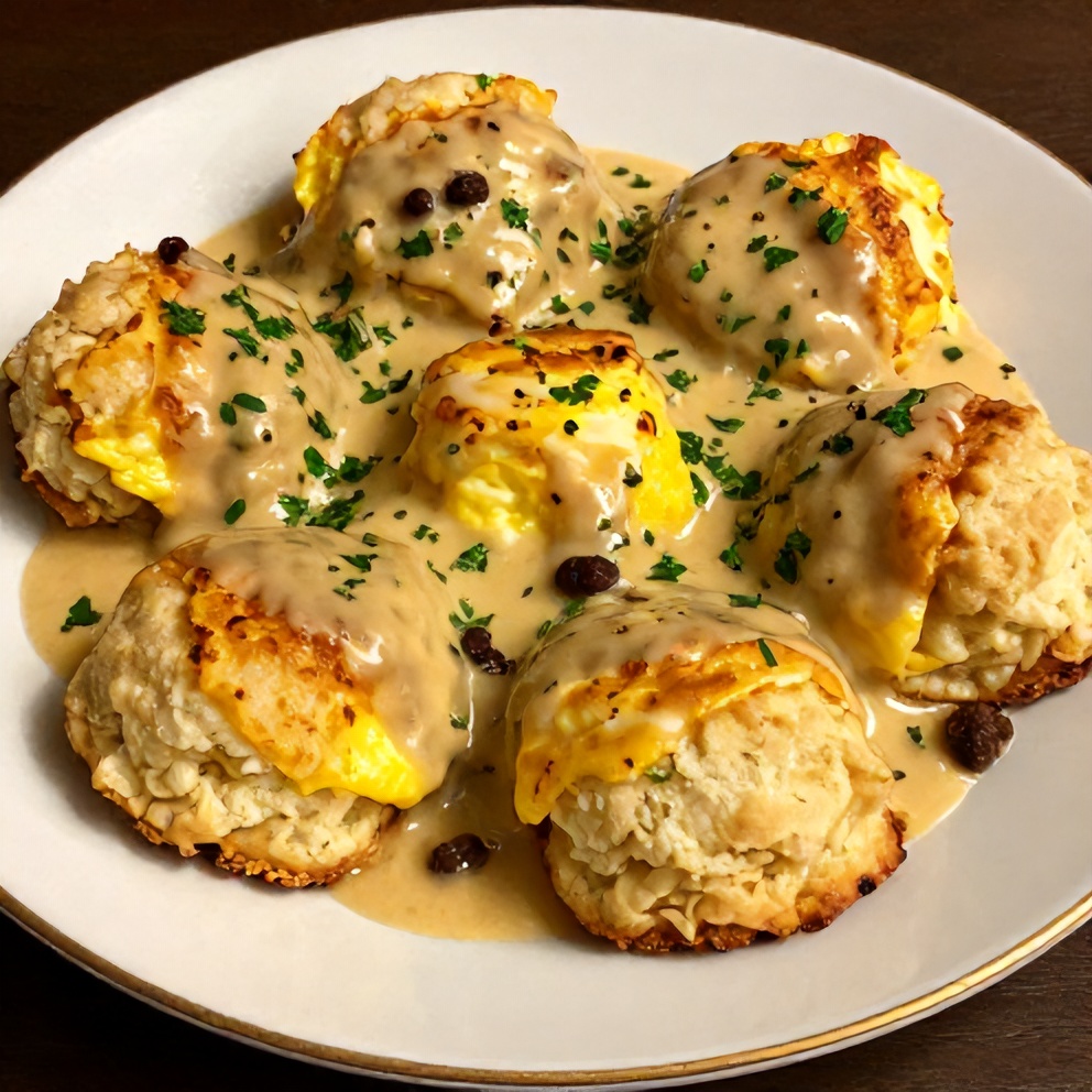 Plated biscuits and sausage gravy breakfast pizza with fresh parsley garnish