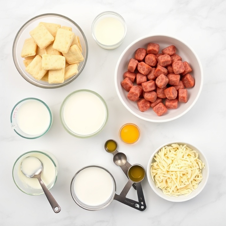 Raw ingredients for biscuits and sausage gravy breakfast pizza including biscuit mix, sausage, milk, eggs, and cheese