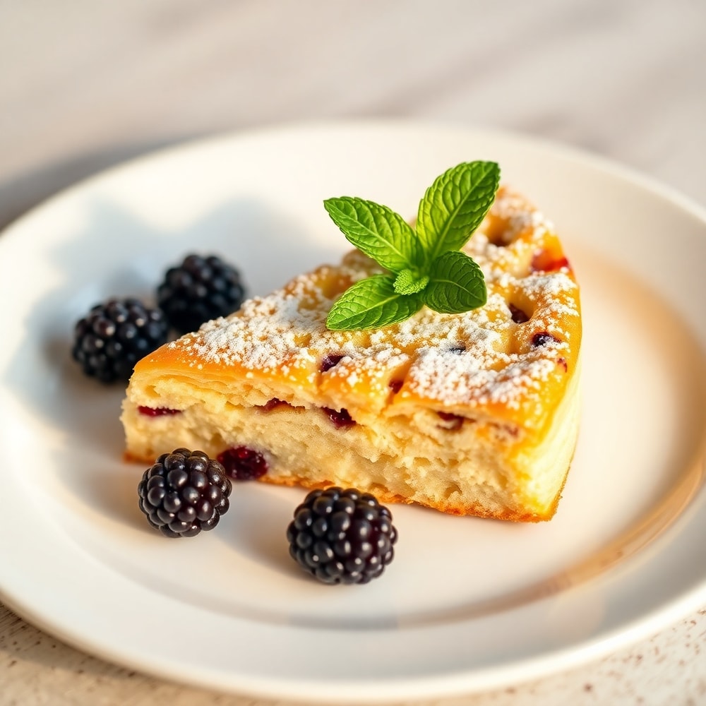 Blackberry shortbread wedges on a white plate with a fork