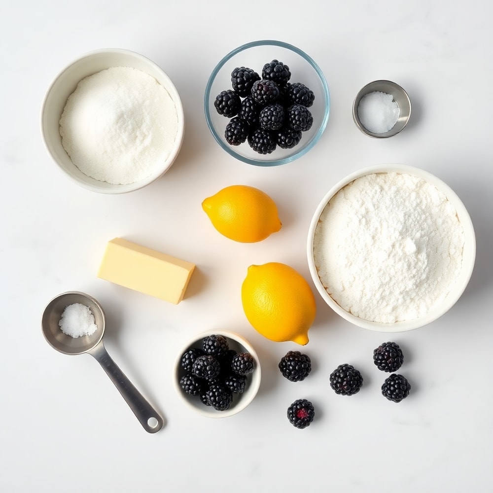 Blackberries, butter, sugar, flour, lemon zest, and salt arranged on a marble surface