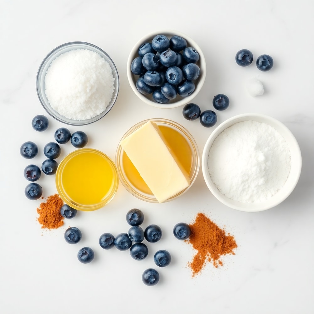 Blueberries, sugar, lemon juice, and cinnamon arranged on a wooden surface