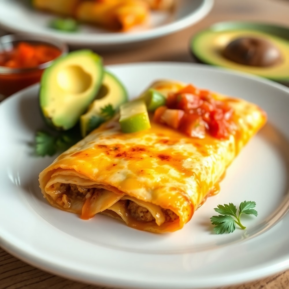 Plated serving of Easy Breakfast Enchiladas with avocado and salsa