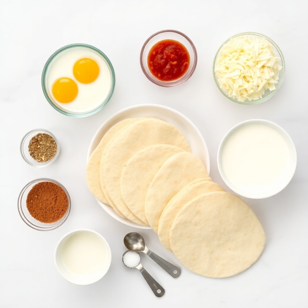 Raw ingredients for Easy Breakfast Enchiladas arranged in a flat lay