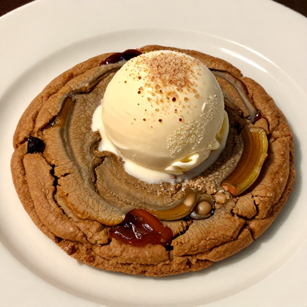 A close-up of a warm, gooey Brown Sugar Rhubarb Cookie