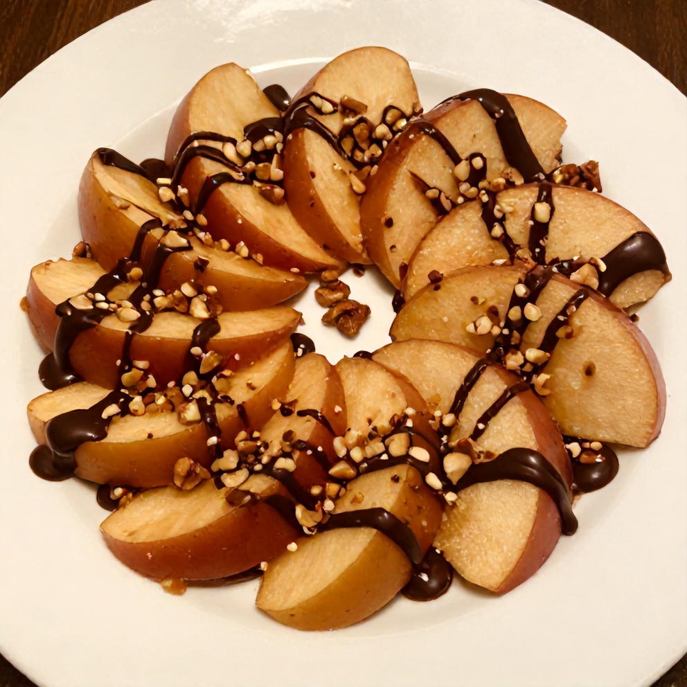 Caramel apple slices with chocolate drizzle and chopped pecans on a white plate