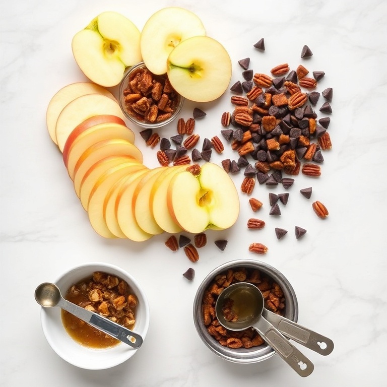 Raw ingredients for caramel apple slices including apples, caramel bits, chocolate chips, and pecans