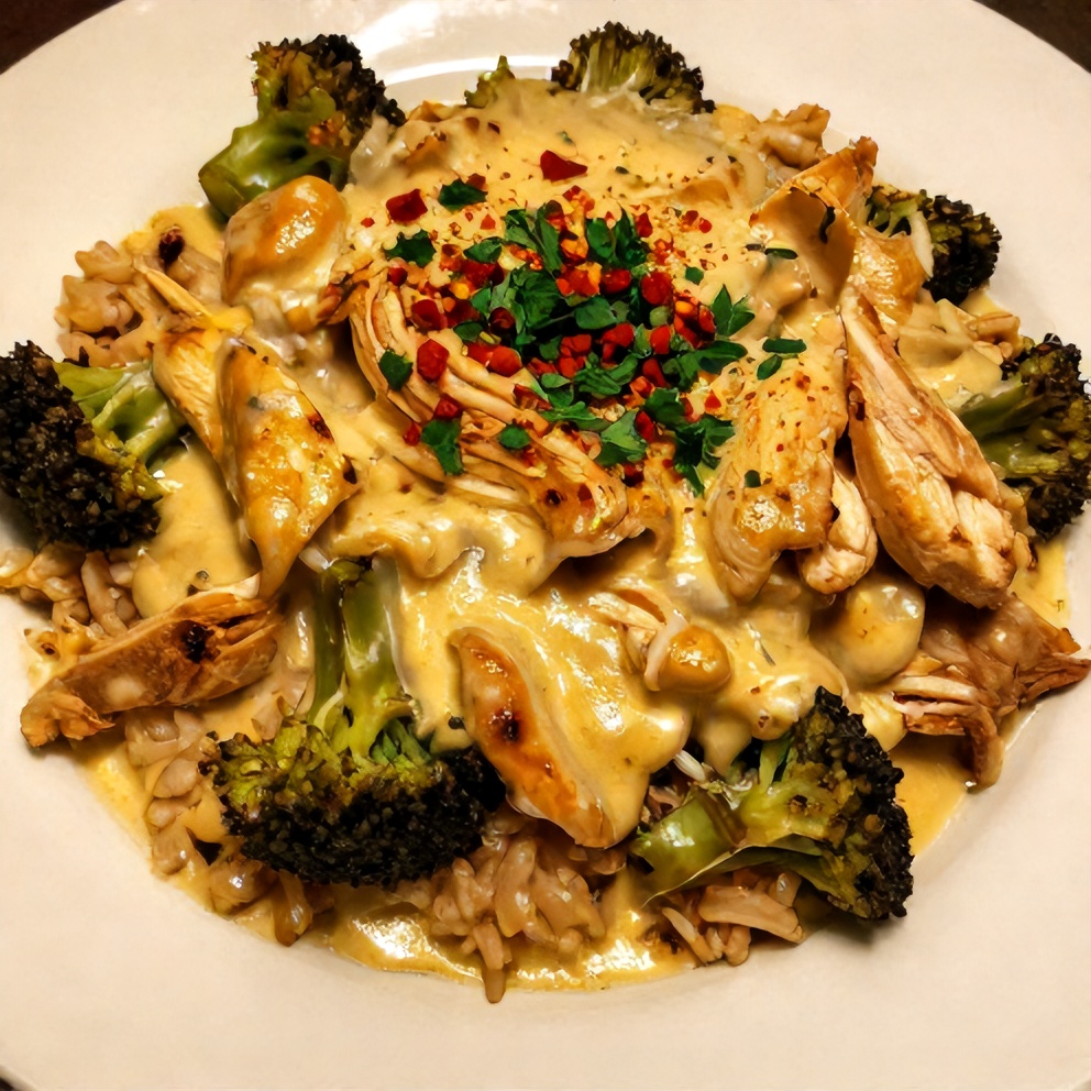Plated cheesy broccoli chicken and rice crockpot dinner