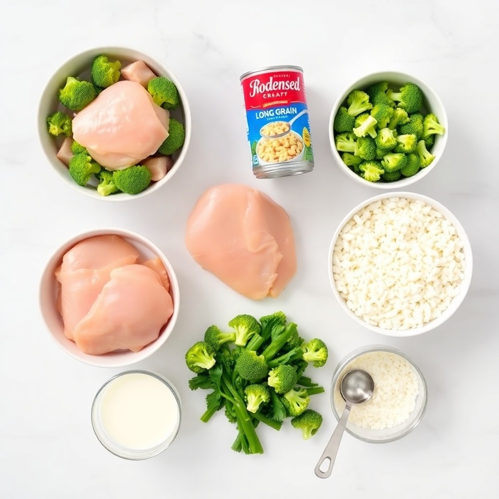 Ingredients for cheesy broccoli chicken and rice crockpot dinner