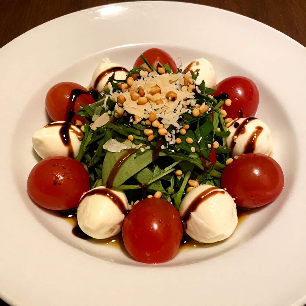 Plated cherry tomato salad with mozzarella