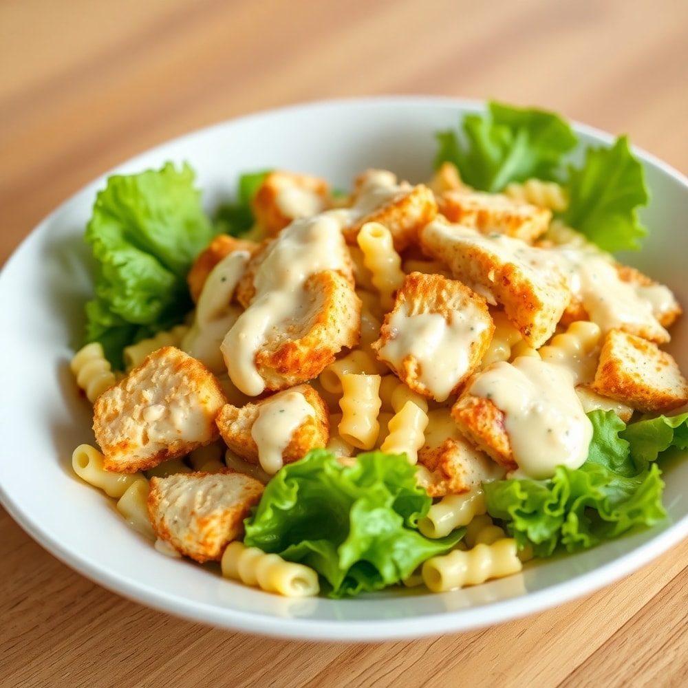 Plated Chicken Caesar Pasta Salad with crispy chicken and creamy Caesar dressing