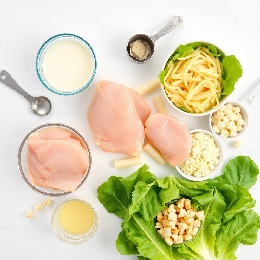 Raw ingredients for Chicken Caesar Pasta Salad - chicken, pasta, Caesar dressing, romaine lettuce, parmesan cheese, croutons