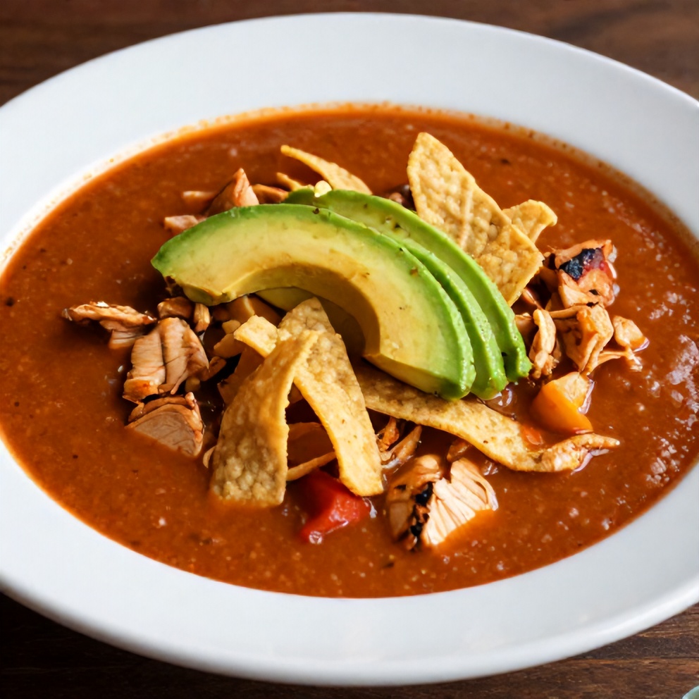 Bowl of Chicken Enchilada Soup with avocado and tortilla strips