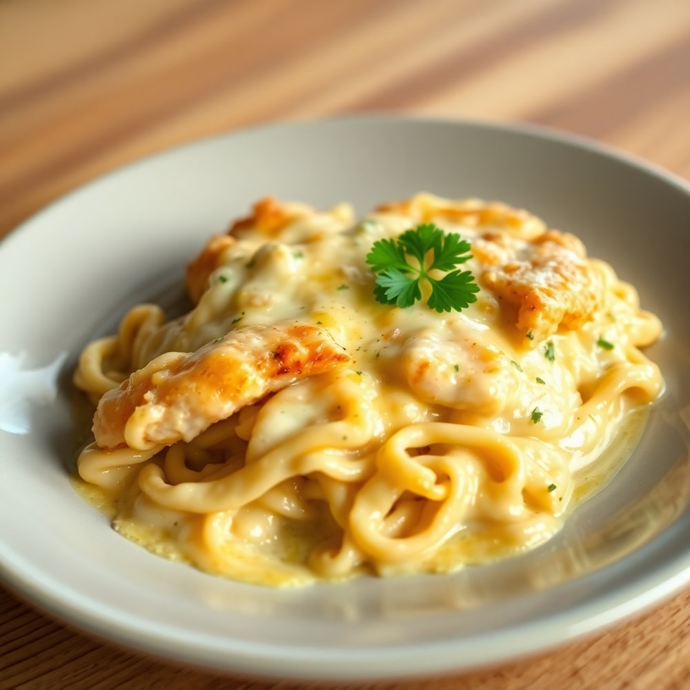 Plated Chicken Tetrazzini with parsley garnish