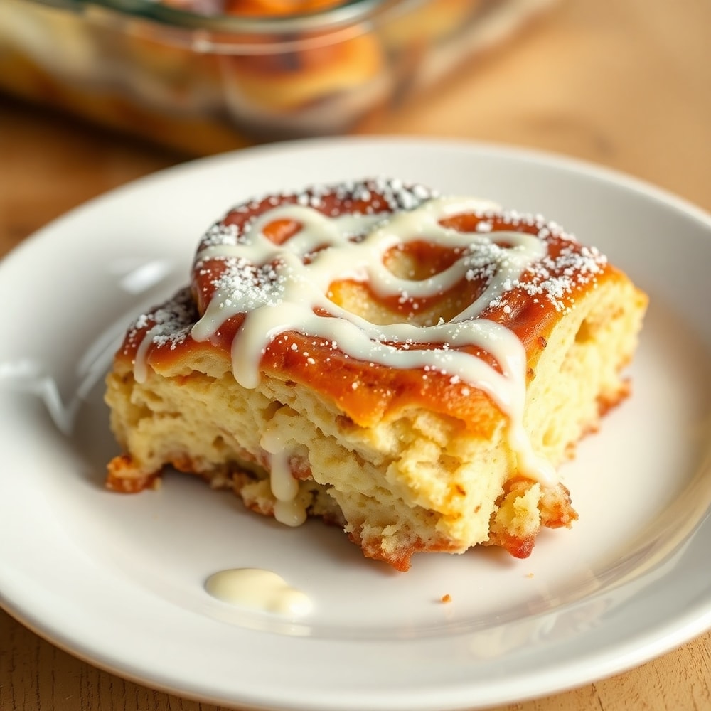 Easy Cinnamon Roll Casserole with cream cheese glaze, ready to serve