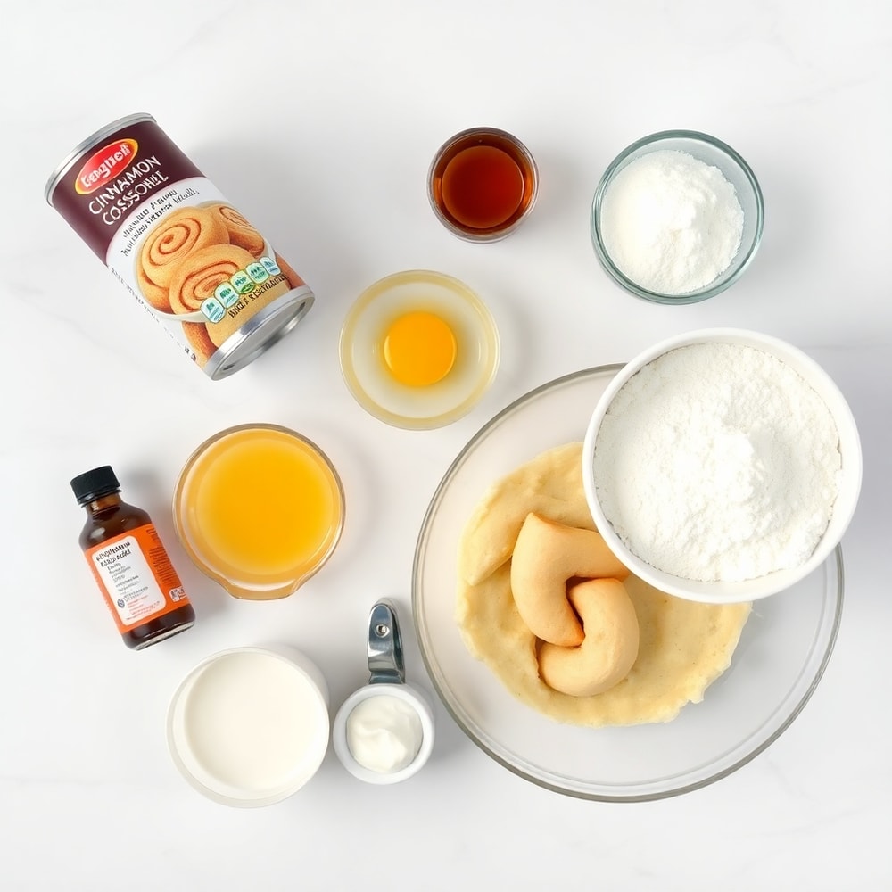 Cinnamon Roll Casserole ingredients: canned cinnamon rolls, eggs, milk, vanilla extract, cream cheese, powdered sugar