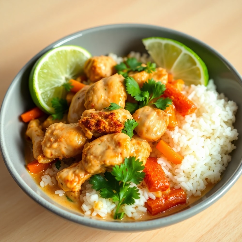 Coconut chicken rice bowl plated with crispy chicken, steamed rice, and colorful veggies