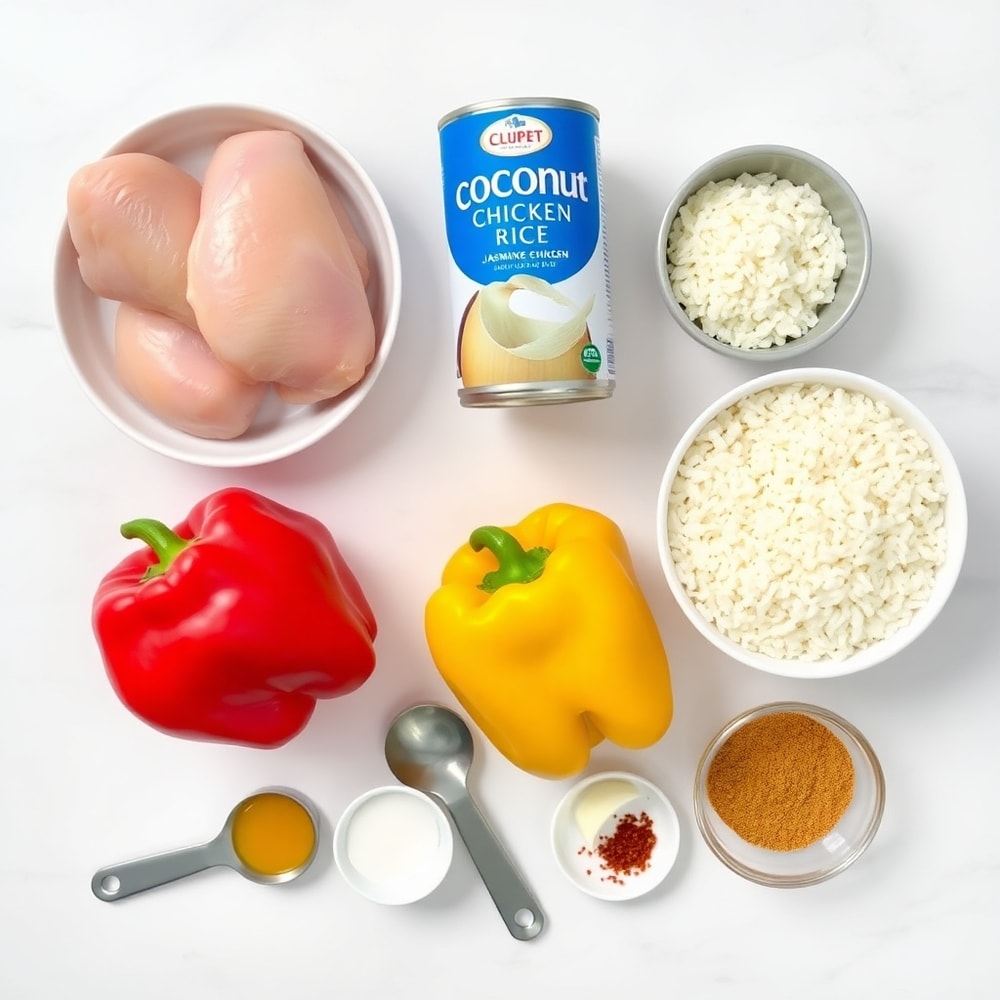 Raw ingredients for coconut chicken rice bowl: chicken, coconut milk, rice, bell peppers, onions, garlic, and spices