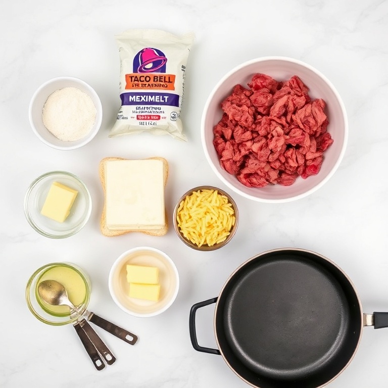 Raw ingredients for Copycat Taco Bell Meximelt arranged in a flat lay
