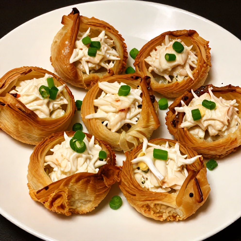 Plated Crab Rangoon Pinwheels with a garnish of chopped green onions