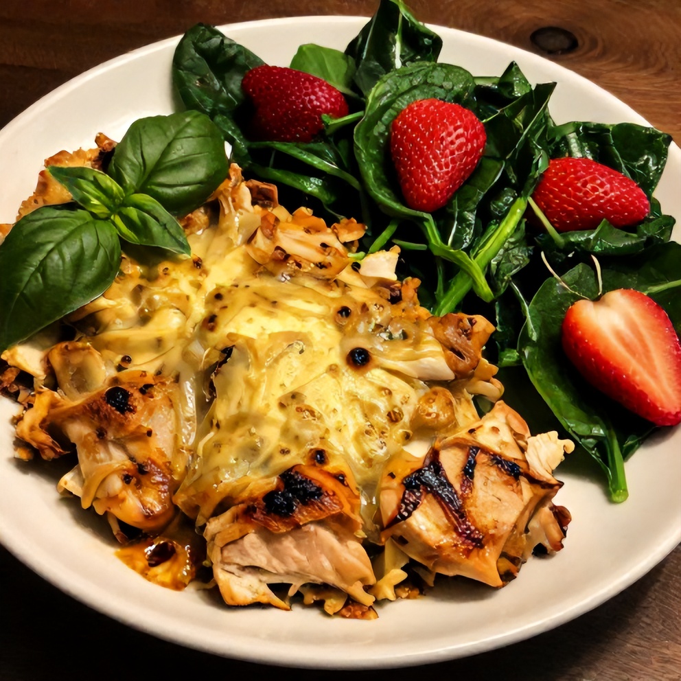 Plated serving of chicken parmesan casserole with fresh basil and a side of spinach strawberry salad
