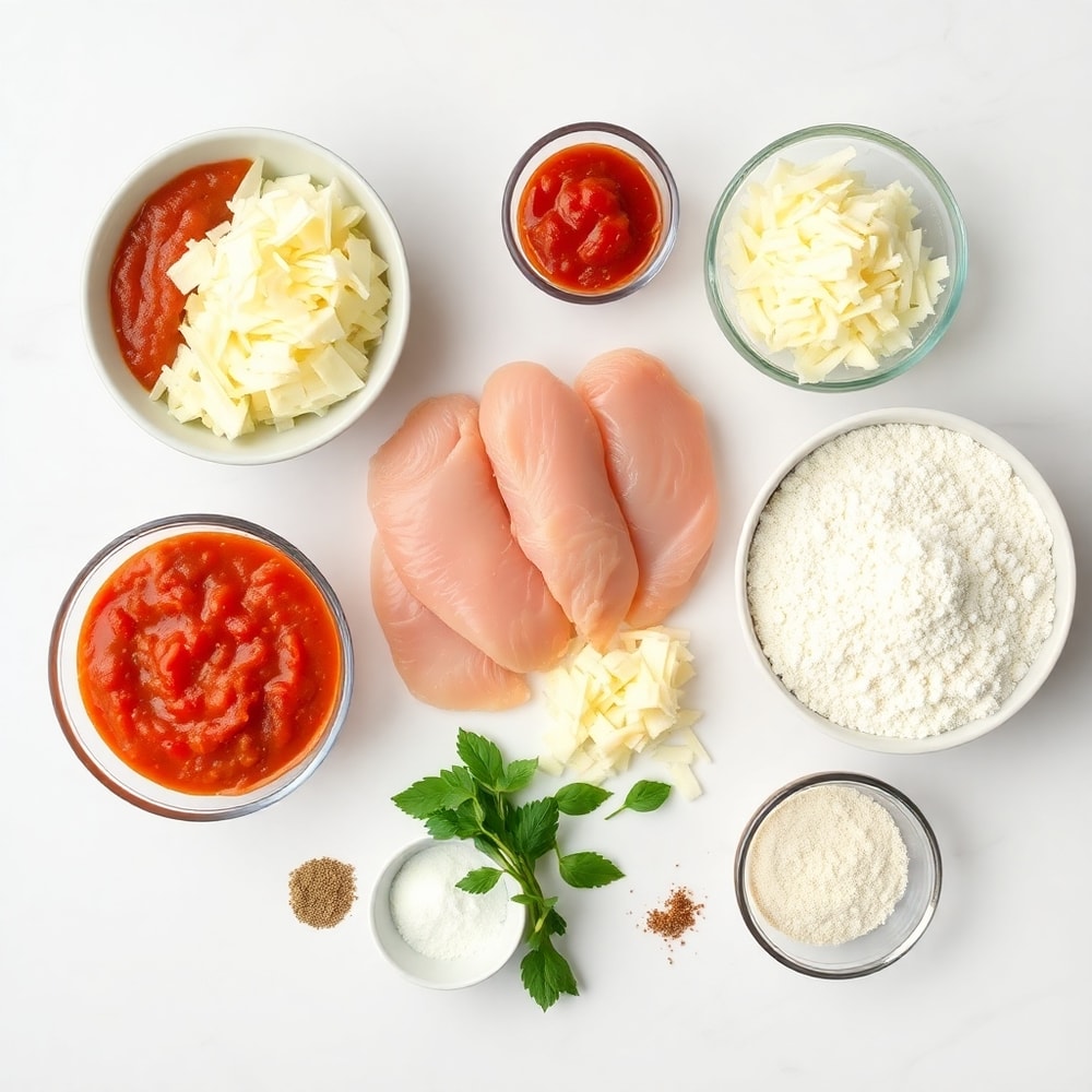 Raw ingredients for chicken parmesan casserole including chicken breasts, marinara sauce, and mozzarella cheese