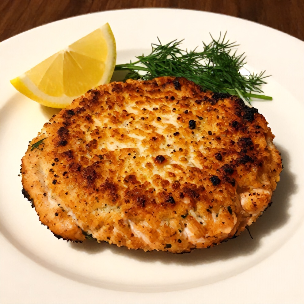 Plated salmon cake with lemon wedge and fresh herbs