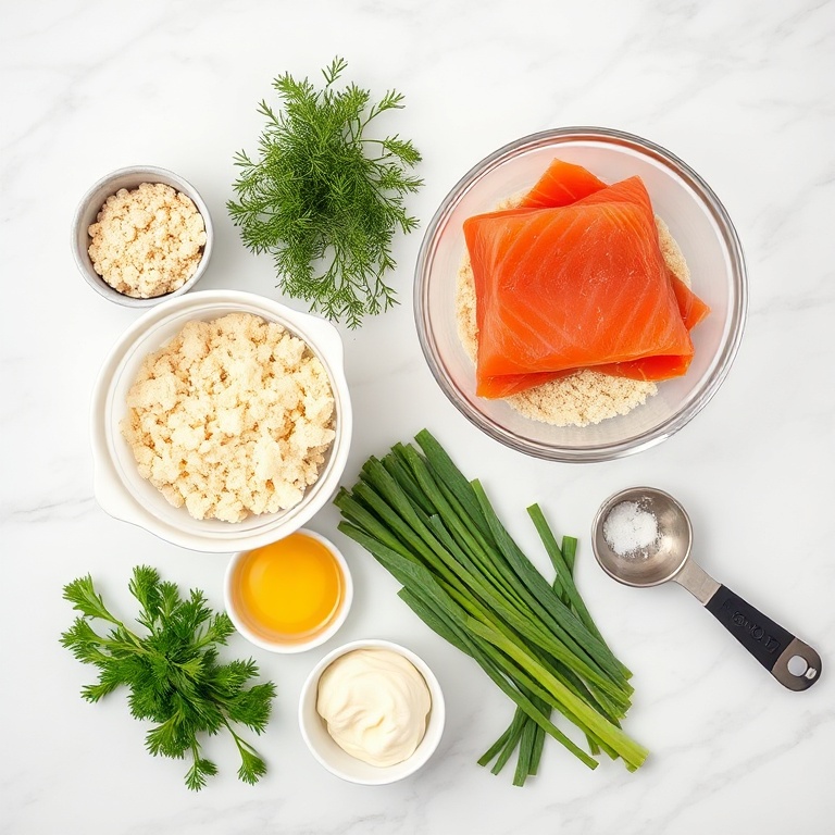 Raw ingredients for salmon cakes on a marble surface