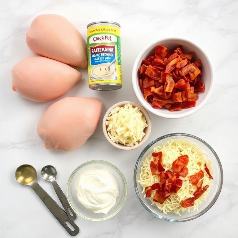 Raw ingredients for Crock Pot Crack Chicken: chicken breasts, cream of chicken soup, ranch dressing, shredded cheese, bacon