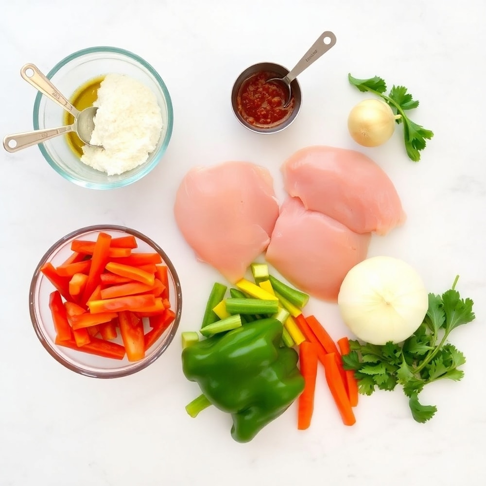 Raw ingredients for Easy Crockpot Chicken Fajitas laid out on a wooden surface