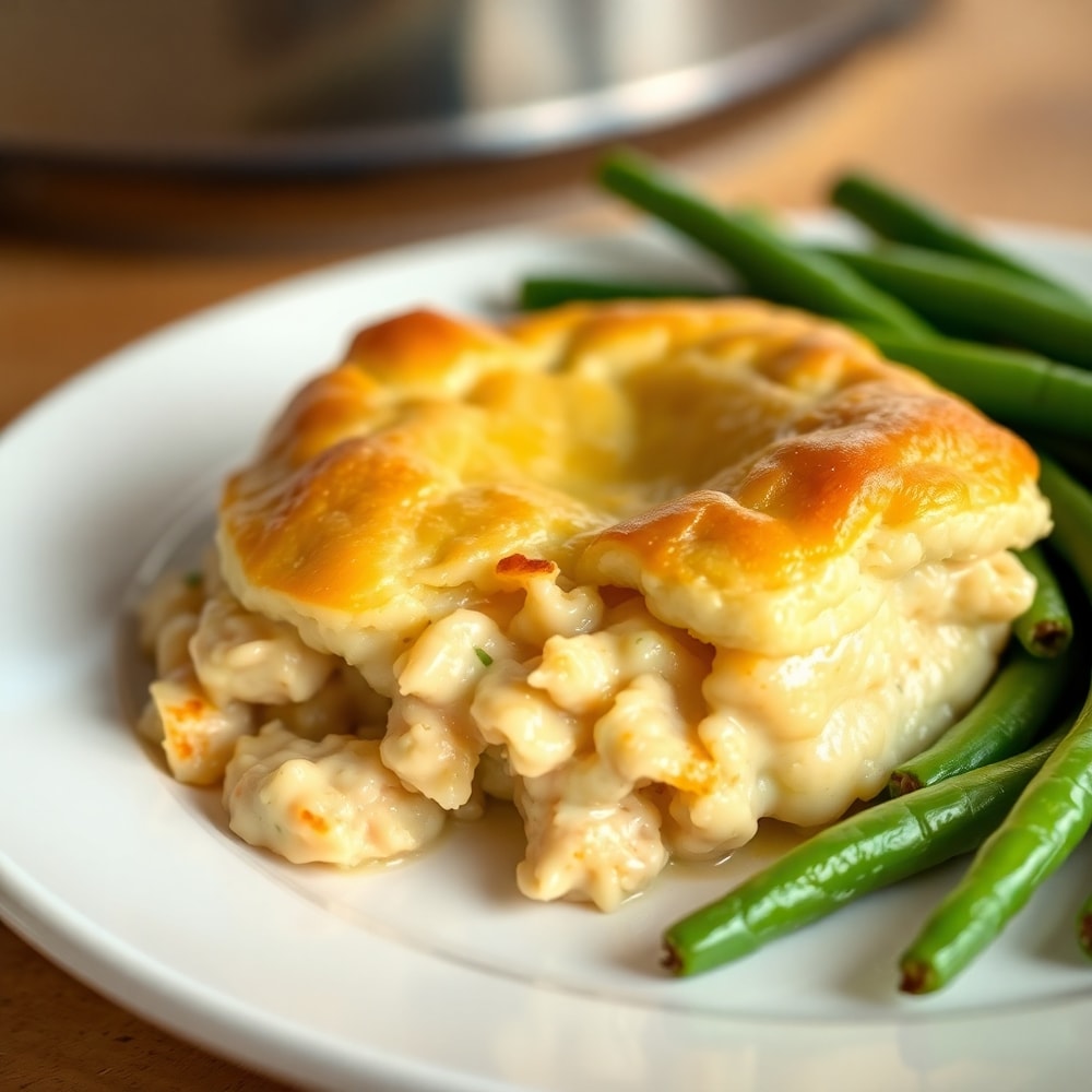 Served Crockpot Chicken Pot Pie on a plate with a side of green beans