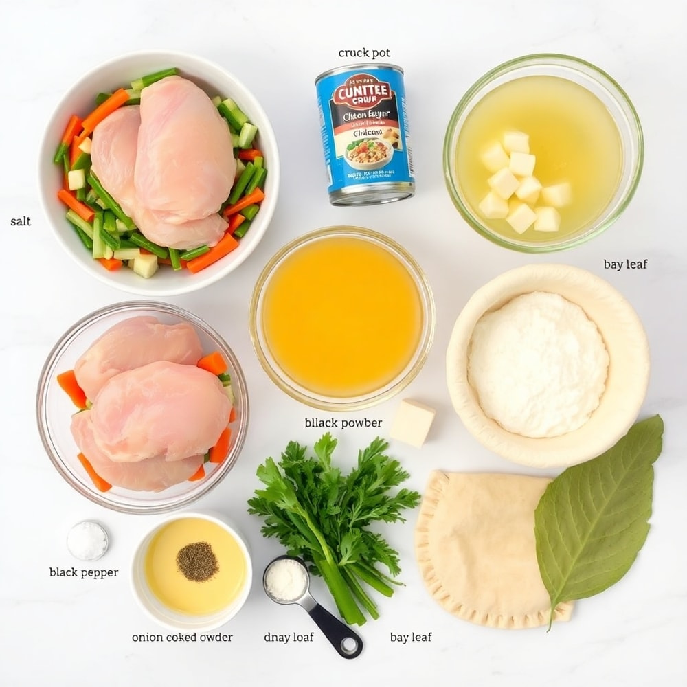 Raw ingredients for Crockpot Chicken Pot Pie arranged in a flat lay