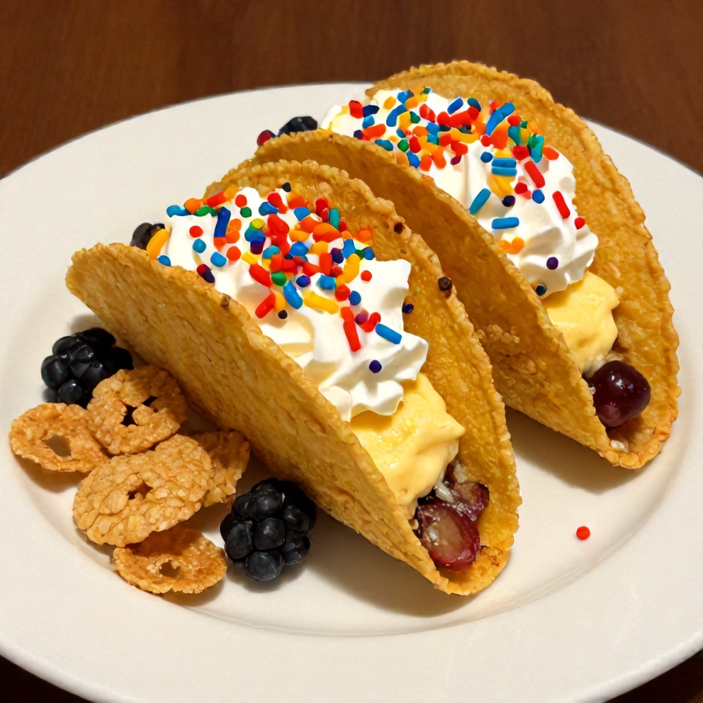 Plated serving of Fruity Pebbles Cheesecake Tacos