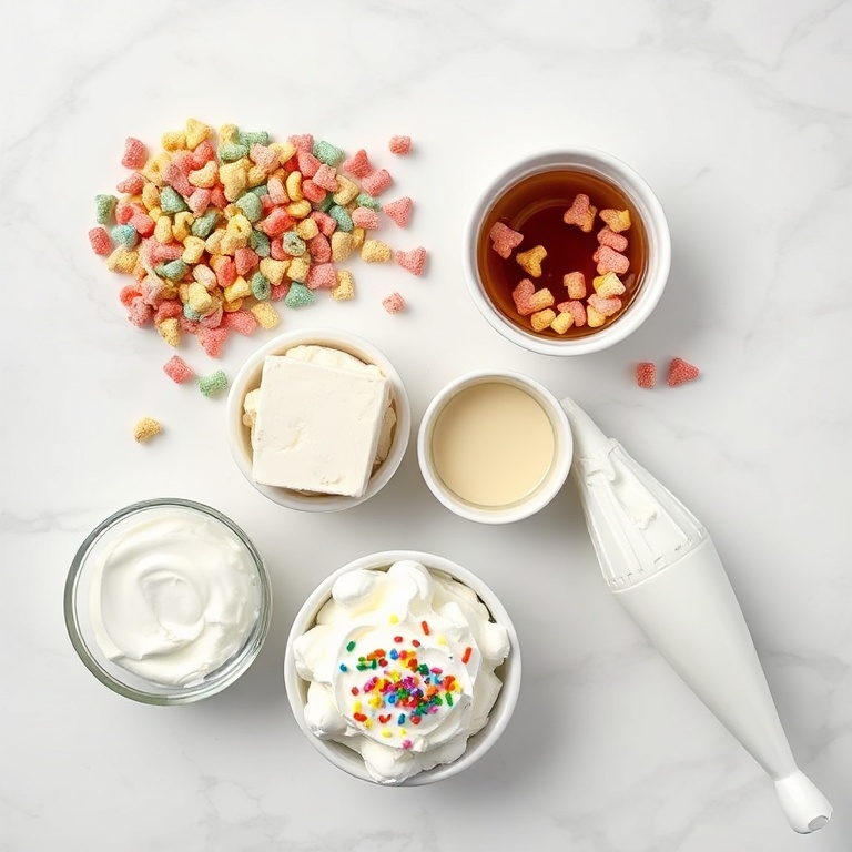Raw ingredients for Fruity Pebbles Cheesecake Tacos laid out