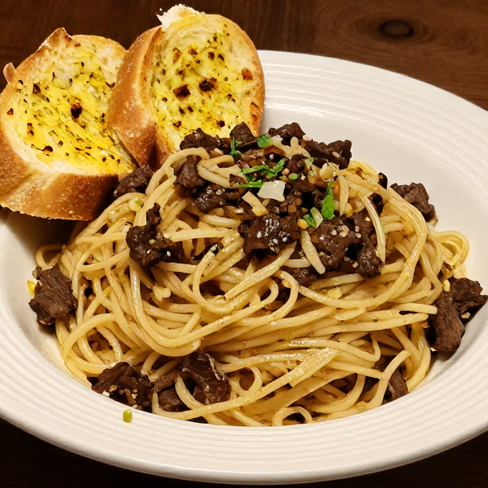 Garlic Beef Pasta served on a plate with garlic bread