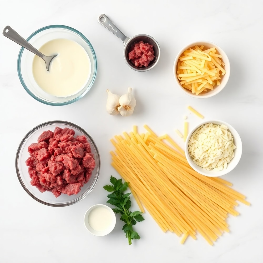 Raw ingredients for Garlic Beef Pasta: ground beef, garlic, heavy cream, pasta, Parmesan cheese