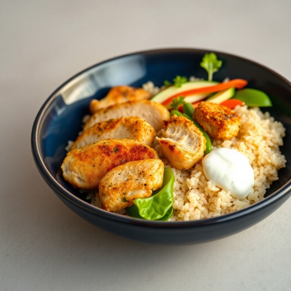 Greek Chicken Bowl plated with crispy chicken, fluffy rice, fresh veggies, and tzatziki